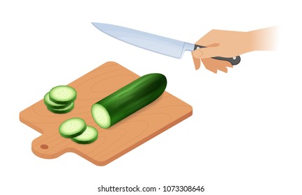 Flat isometric illustration of cutting board, cucumber, kitchen knife. The hand with knife cutting the green vegetable, cucumber slices on the wooden board. Vegetarian food and cooking vector concept