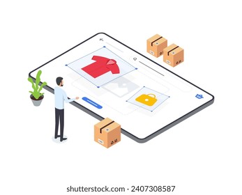 Flat Isometric illustration design. Upload product images on an ecommerce platform. Simple and modern visual for easy understanding and user friendly experience.