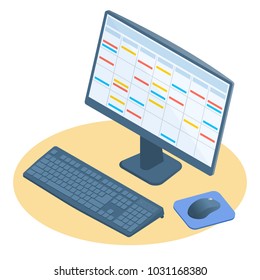 Flat isometric illustration of desk computer display. Office and school PC, monitor, keyboard, mouse. Business and education, work and entertainment workplace element. Vector concept isolated on white