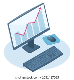 Flat isometric illustration of desk computer screen. Office and school PC, monitor, keyboard, mouse. Business and education, work and entertainment workplace element. Vector concept isolated on white.