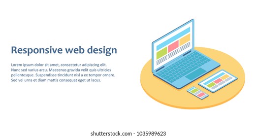 Flat isometric illustration of devices with different view one web page. For demonstration responsive web design