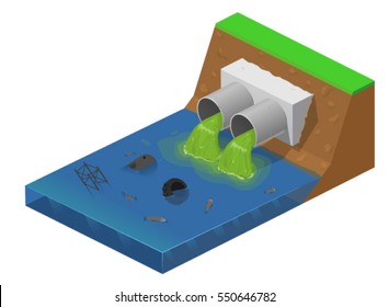 Flat Isometric Illustration. Dirty Waste Water, Pollution, Dumping Of Chemical Waste. Dead Fish, Iron Barrel, Garbage, Industrial Waste.