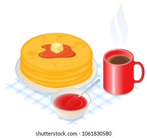 Flat isometric illustration of dish with pancakes, jam and cup of coffee. The russian traditional pancakes in the plate, a mug of hot coffee, sweet syrup. The Shrovetide, carnival food vector concept.