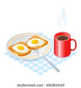 Flat isometric illustration of dish with scrambled eggs on the toasts, a cup of coffee. The fried chicken eggs on a crisp bread on the the plate, a mug of hot coffee. The breakfast vector concept.
