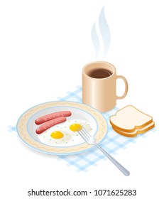 Flat isometric illustration of dish with scrambled eggs and pork sausages, a cup of coffee. The breakfast: fried omelette, fork, sausages, a mug of hot coffee. Vector isolated on white background.
