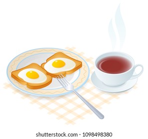 Flat isometric illustration of dish with scrambled eggs on a toasts. The fried hen eggs on a crispy bread on the plate, fork, a cup of hot black tea. Vector food elements isolated on white background.