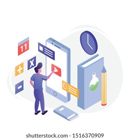 flat isometric illustration for distance education, consulting, training, courses, learn, student life. Modern vector illustration concepts for website and mobile website development