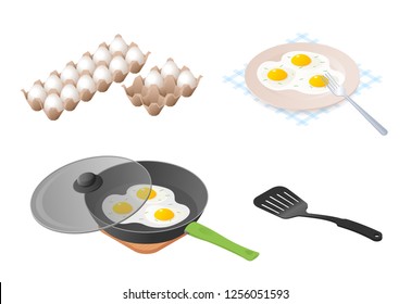 Flat isometric illustration of eggs carton, frying pan with scrambled eggs, dish with omelette. Food ingredients, breakfast foodstuff. Kitchen and cooking vector concept isolated on white background.
