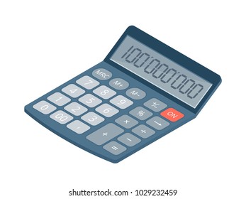 Flat isometric illustration of electronic calculator. Business and education workplace element isolated on white background. Office and school vector concept: mathematics accounting desk calculator.