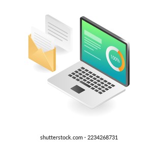 Flat isometric illustration of email data analysis computer concept