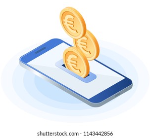 Flat isometric illustration of euro coins droping into slot at the mobile phone screen. The depositing European money into account, e-commerce, business vector concept illustration isolated on white.