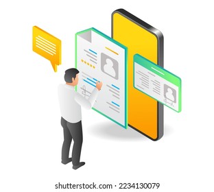 Flat isometric illustration of filling personal data with smartphone