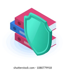 Flat isometric illustration of folders with documents hide behind a shield. The private data insurance and safety, confidential information protection, business care vector concept isolated on white.