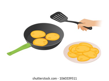 Flat isometric illustration of frying pan with pancakes, a hand with kitchen spatula. The morning cooking of sweet fried cakes in the dripping pan. Cookware, eating, food, breakfast vector concept.