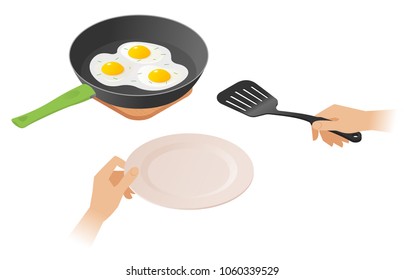 Flat isometric illustration of frying pan with scrambled eggs, a hand with kitchen slotted spatula. The morning eating of omelette from dripping pan. Cookware, cooking, food, breakfast vector concept.