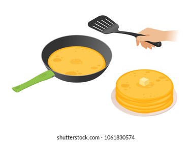 Flat isometric illustration of frying pan with pancakes, a hand with cooking spatula. The russian traditional pancakes in the dripping pan. The Shrovetide, carnival, maslenitsa food vector concept.