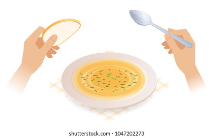 Flat isometric illustration of full plate with soup, hands holding spoon and bread. The eating of bread and broth from ceramic dish. The ingestion and food vector concept isolated on white background.