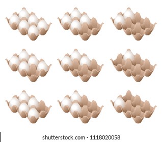 Flat isometric illustration of half a dozen eggs cardboard boxes. Full, half-empty, empty carton containers with raw farm eggs. Food ingredients, breakfast foodstuff vector 3d design element set.