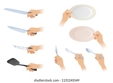 Flat isometric illustration of hands with different cutlery set. The female hands holding the knives, spoons, forks, frying spatula, plates, dishes. Utencils and cooking meal vector element set.