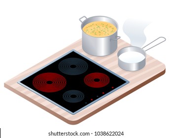 Flat isometric illustration of kitchen electric stove with pan, pot. Cooking workplace isolated on white background. Household, domestic appliance, cookware vector concept: cooker, saucepan, stewpan.
