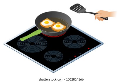 Flat isometric illustration of kitchen electric stove, frying pan with eggs on the toasts. The fried chicken eggs on a crisp bread, a hand with spatula. Vector concept isolated on white background.