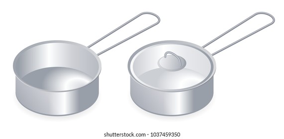 Flat isometric illustration of kitchen pot, pan with lid. Household cookware isolated on white background. Cooking domestic kitchenware vector concept: empty stainless steel stewpan with glass cover.