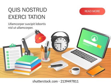 Concepto de página de aterrizaje de ilustración isométrica plana. escritorio de trabajo y escuela profesional