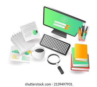 Flat isometric illustration landing page concept. professional computer workplace