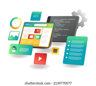 Flat isometric illustration landing page concept. developer application web design layout