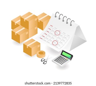 Flat isometric illustration landing page concept. delivery time calendar