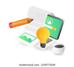 Flat isometric illustration landing page concept. creative article ideas for blogs
