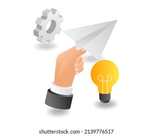 Flat isometric illustration landing page concept. hand flying paper airplane