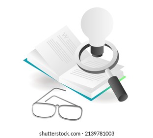 Flat isometric illustration landing page concept. looking for information on ideas in books