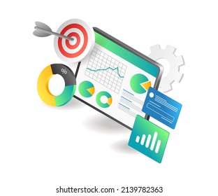 Flat isometric illustration landing page concept. investment business analysis data strategy