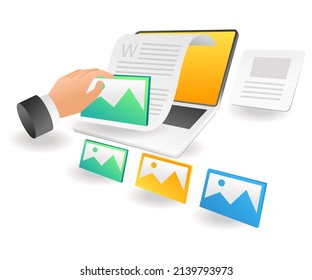 Flat isometric illustration landing page concept. put an image portfolio in the content blog article