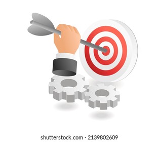 Flat isometric illustration landing page concept. shoot the target arrow