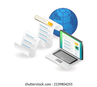 Concepto de página de aterrizaje de ilustración isométrica plana. buscar la información del mundo en internet