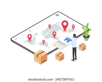 Flat Isometrische Illustration von Menschen wählt Franchising-Standort auf E-Commerce-Plattform. Stellt Entscheidungsprozesse im Franchisegeschäft dar