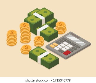 
Flat isometric illustration of money with calculator. Image fo your business