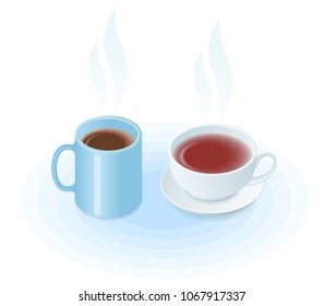 Flat isometric illustration of mug of coffee, cup of tea. The hot beverages: black or herbal tea in the teacup, espresso, cappuccino, americano or hot chocolate. Vector food, breakfast, drink elements