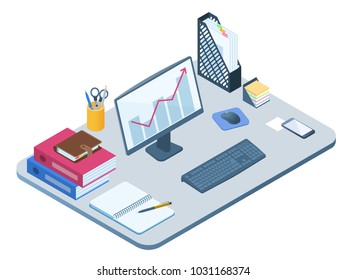 Flat isometric illustration of office workplace. Workspace with modern electronic equipment, stationery: computer screen, smart phone, note book, file folder, personal planner. Vector business concept