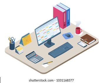 Flat isometric illustration of office workplace. Workspace with modern electronic equipment, stationery: computer monitor, mobile phone, calculator, calendar, personal planner. Vector business concept