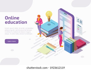 Flat isometric illustration of online education.