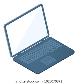 Flat isometric illustration of opened laptop. Office and school vector concept: portable computer. Business and education, work and entertainment workplace element isolated on white background.