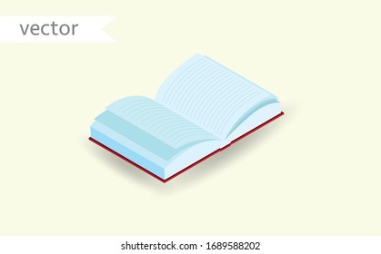 Flat isometric illustration of opened notebook. Office and school vector concept: paper notepad. Business and education workplace paperwork elements isolated on white background.
