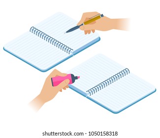 Flat isometric illustration of opened notebooks, hands with pen and highlighter. Office, school vector concept: copybooks, writing and highlighting hands. Business, education stationery and supplies.