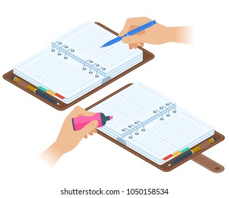Flat isometric illustration of opened personal planners, hands with pen and highlighter. Office, school vector concept: agenda, writing and highlighting hand. Business, education stationery, supplies.