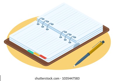 Flat isometric illustration of opened planner. Business workplace personal accessory, supply isolated on white background. Office desktop vector concept: agenda with leather cover and ring binder.