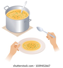 Flat isometric illustration of pan with soup and hands with full plate and spoon. Steel pot with broth, dish and kitchen utensils isolated on white background. Cooking food, eating vector concept.