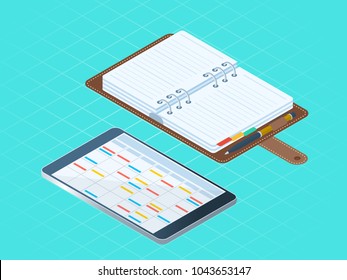 Flat isometric illustration paper and electronic planners. Right top view of business personal accessory. Office supply vector concept: diary organizer, tablet pc with agenda, schedule on the screen.